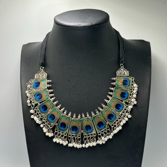 Fashion Jewelry Jewelry - 3/$30 Peacock Statement Necklace Silver Adjustable Fabric Cord Beaded Jewelry